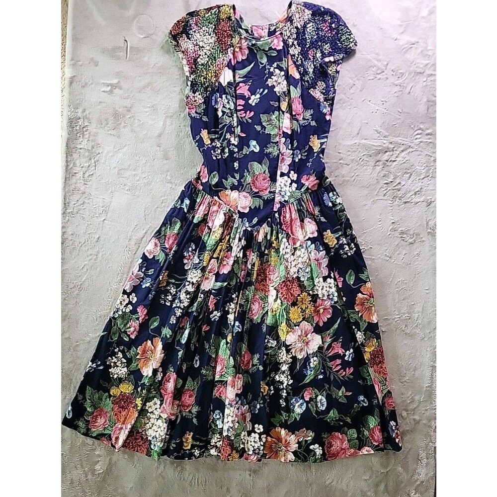Vintage E.D. Michaels Dress  Sz 7/8 Colorful Foral Cottagecore Fit/Flare Femine*